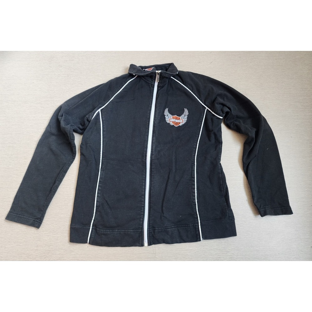 Harley Davidson‎ Womens Large Faded Spell Out Full Zip Jacket Black HV98 ORDF